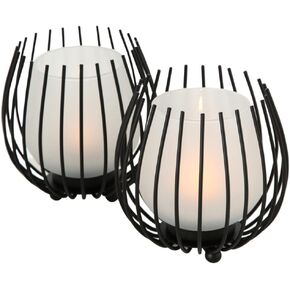 Modernist Home 2 Piece Black and White Candle Holders, Wire and Frosted Glass Windlights, Tea Light or Votives, Ball Feet, 4.75 Inches