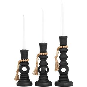 Deco 79 Wood Handmade Decorative Candle Holder Textured Matte Candle Stand with Beaded Garland Accent, Set of 3 Candlestick Holder 14", 12", 10" H, Black