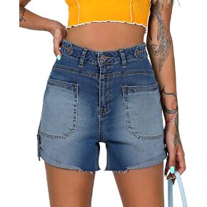 Cicy Bell Womens Baggy High Waisted Jean Shorts Summer Straight Leg Jorts Stretchy Button Adjustable Rolled Hem Denim Shorts