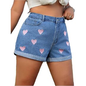 Wdirara Women's Plus Size Heart Shortered Denim Shorts Hend Hend High Pherced Jean Shorts