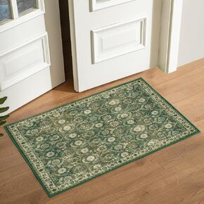 Floral Rugs For Entryway, 2x3 Kitchen Rugs Non Slip Washable 2X3 Rug Vintage Carpet Stain Resistant Small Green Ultra-Thin Low Pile Rug For Bedroom Decoration Indoor Door Mat Dark Green/Beige