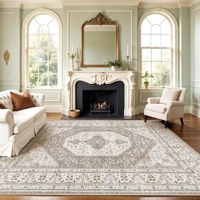Washable 9x12 Area Rug - Large Rug for Living Room Stain Resistant Low Pile Carpet Vintage Oriental Rug for Bedroom with Non Slip Backing Home Decor Floor Decor Mat (9x12 Brown/Beige)