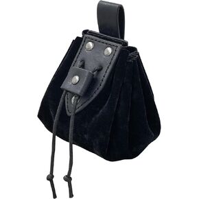 Medieval Faux Leather Drawstring Pouch Vintage Rivets Belt Pouch Coin Purse Dice Bag For LARP Ren Faire (Black A)