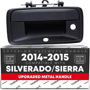 T1A Tailgate Handle Assembly, Upgraded Metal - Compatible with 2014-2015 Chevrolet Silverado, GMC Sierra - Liftgate Latch Handle - Textured Black, w/Camera Hole - OEM 23448681, 23128692, 23156952