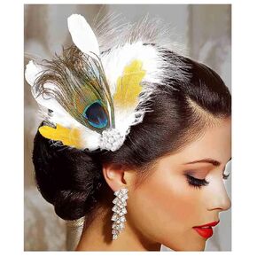 Yokawe 1920s Peacock Feather Hair clip Flapper Fascinators White Pearl Gatsby Hair Accessories for Women (B)
