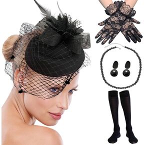 5Pcs Tea Party Accessories for Women 1920s Fascinators Hats for Women with Tea Party Hat Lace Gloves Socks Pearl Jewelry Set