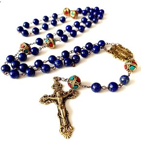 elegantmedicl Tibet BEADS UNDOUBTED Lapis lazuli Antiqued Rosary Necklace Bronze Cross