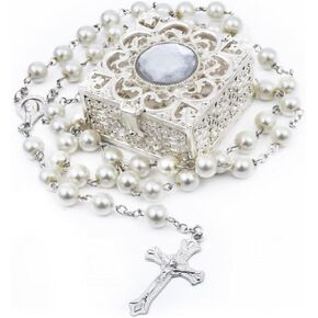 White Rosary Beads Set for First Communion Holy 1st Rosary Necklace for Adults Gothic Rosarios with Perlas Ideal Catholic Ceremonies Pleasant for Mother Grandmother Elders