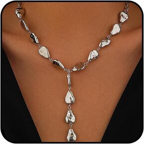 Chunky Gold Teardrop Y Necklace for Women Silver Long Waterdrop Bead Pendant Necklace Adjustable Irregular Beads Drop Necklace Jewelry Accessories