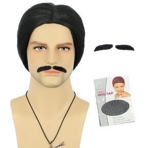 VGbeaty Adult Men Short Brown Wig With Mustache 70s 80s Synthetic Replacement Halloween Cosplay Costume Anime Wig