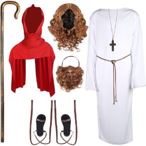 Yewong Kids Halloween Jesus Costume Set - Jesus Wig and Beard Set Biblical Religious Robe Belt Shawl Strappy Sandals Staff Cane and Cross Necklace for Jesus Christ Cosplay