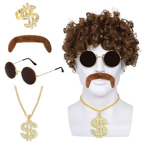 أزياء ديسكو السبعينات للبراأى للرجل مع النظارات والحلقة والقلادة وشارب Cosplay Halloween Chrismas Party