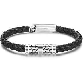 Carleen Destination 925 Sterling Silver Genuine Mens Leather Bracelet Braided Rope Energy Charm Push Button Locking Clasp, 7.5" Black Valentines Day Gift For Him Men