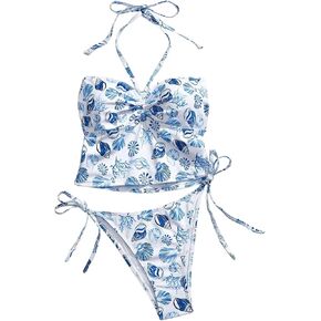 SHENHE Women's Halter Tankini Swimsuit Tummy Control Tie Side Ruched Bandeau Bathing Suit