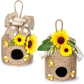 2 Pieces Bee Hive Decor, Honey Bee Wall Art with Sunflowers & Rustic Jute Rope, Hanging Home Decor for Garden, Kitchen, Patio & Outdoor Spaces