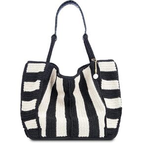 The Sak Los Feliz Large Tote Bag - Hand-Crocheted Women's Handbag for Everyday and Travel, Durable, Large Purse With Shoulder Bag Strap and Zipper Pocket, Black Stripe