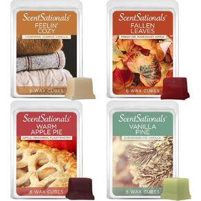 Scentsationals Wax Melts Cozy Core - Harvest Home 4-Pack – Long Lasting Wax Cubes with Strong Scent for Warmers – Includes Warm Apple Pie, Vanilla Pine, Fallen Leaves & Feelin Cozy – 10oz (24-Cubes)