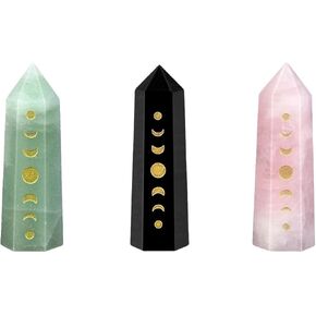 حزمة Rockcloud من 7 Moon Phase Crystal Point ، القمرية Eclipse Hexagonal Wand Stone Stone for Reiki التأمل ديكور المنزل