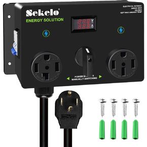 Manual EV Charging Switch for Dryer & EV, NEMA 14-30P to 14-30R & 14-50R, 240V, 25A Power Splitter Switch, with a Safety Breaker Switch, Hand-Operated Selector, Plug and Play