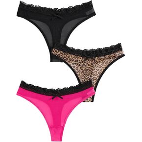 Women's Plus Size 3 Pack Bow Lace Thongs Leopard Print Sheer Mesh Sexy Panties Underwear