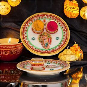 Lovenspire الهندي الرخام الأبيض Pooja thali مجموعة غانيشا هالدي كومكوم هولدر بوجا عودة هدية الهندي هوومينغ رولي تشالوتر هيندو ماندير بوجا ديكور