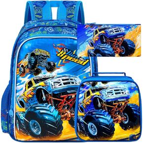 حقيبة الظهر الشاحنة UFNDC 3PCS Boys ، حقيبة أطفال للسيارات مع صندوق غداء ، حقيبة مدرسية مقاومة للماء للطفل في مرحلة ما قبل المدرسة الابتدائية