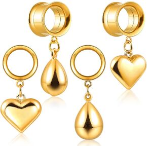 LADEMAYH Gold Ear Gauges with Heart & Teardrop Dangles - 2 Pairs Screw Back Double Flared Ear Tunnels, Hypoallergenic Surgical Steel Ear Expander Body Jewelry for Women