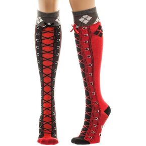 DC Comics Harley Quinn Faux Lace Up Knee High Boot Socks with Cuff Multi color sock size(9-11)