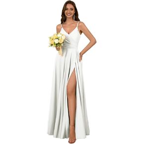 Dymaisei Satin Bridesmaid Dresses Spaghetti Straps V Neck Prom Dresses A Line Formal Party Dress with Slit