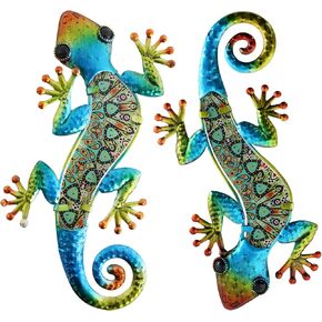 Hongland 2pcs Metal Gecko Wall Decor Lizard Garden Art Color Hanging Glass Sculpture for Indoor Outdoor Patio Fence (Symphony)