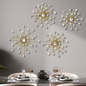 4 Pcs Gold Wall Decor Rhinestones Starburst Wall Decor Bling Crystal Wall Art Metal Hanging Diamond Accents Home Decorative for Living Room Bedroom Office Entryway