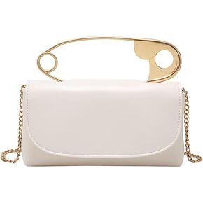 Women's Vegan Leather Handbag with Safety-Pin Design, Gold Hardware & Detachable Crossbody Strap – Compact & Elegant Zippered Closure Purse for Day to Night Use