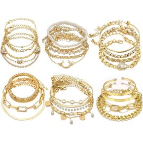 28pcs Gold Chain Bracelets Set for Women 14K Gold Plated Multiple Layered Bangle Adjustable Link Bracelet Anklet Fashion Accessories Jewelry Gift