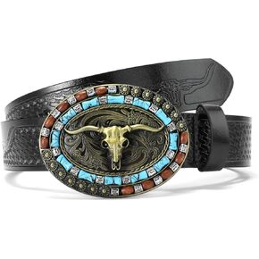 SENDEFN Western Cowboy Belt for Men Women Longhorn Bull Buckle Belt Floral Engraved Belts 1.5" Wide for Jeans