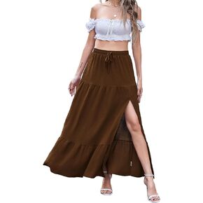 Newchoice Women's Flowy Maxi Skirt with Slit Elastic High Waisted Casual Summer Long Skirts