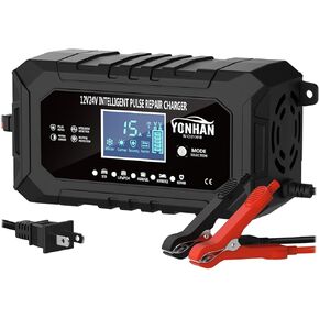YONHAN 15-Amp Battery Charger LiFePO4 Trickle Car Battery Charger 12V 24V Fully-Automatic Smart Battery Chargers, Lead Acid Portable 9-Stage Smart Battery Maintainer with Temp Compensation(Black)