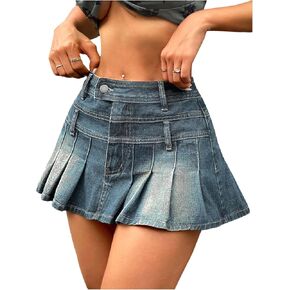 MakeMeChic Women's Pleated Denim Skirt A Line Flare Y2k Mini Jean Skirts