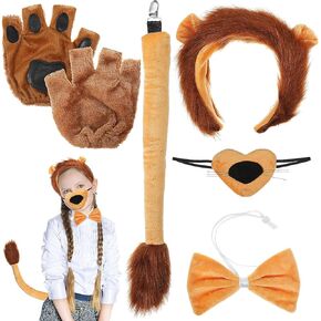 Lion Costume Set: Halloween Accessories - Ears Headband, Tail, Nose, Bowtie, Gloves for Cosplay Dress Up
