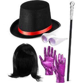 5 Pcs Black Top Hat Costume Set Includes Top Hat Walking Scepter Retro Sunglasses Purple Gloves Black Straight Wig Costume Halloween Accessories for Parade Cosplay Dance Recitals
