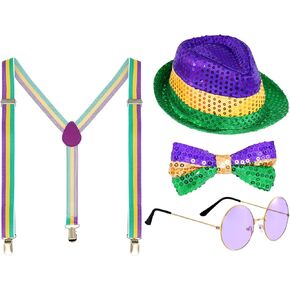 SUCRAIN 4PCS MARDI GRAS STOBERS تشمل Sequin Hat Cears Tie Bow Reclasses Recorders for Men Costume Outfit Party Carnival Party