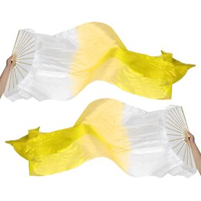 PATIKIL 16 FAN BENLY DANK Silk Fan Van 47 "، زوج واحد (يسار+يمين) نساء طويل للرقص مروحة الخشب لأداء الرقص ، اللون الأبيض الأصفر