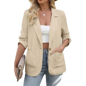 ELLEVEN Womens Linen Blazer Casual Long Sleeve Lightweight One Button Jackets Spring Summer Suit