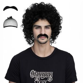 Miss U Hair Jerry Curl Wig Mens Short Black Curly Wig With Mustache 70s Rocker Mullet Halloween Costume