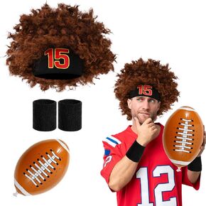 Kavoc 3Pcs American Football Star Costume Men Short Curly Wig 15 Football Headband Inflatable Football for Cosplay (Red)