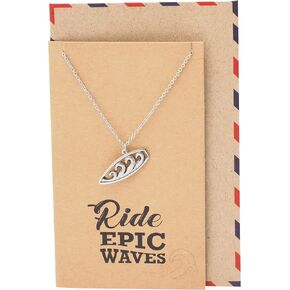 Quan Jewelry Surfboard Necklace, Ocean Waves Pendant Charm, Gifts for Beach Lovers Boho Look, Gifts for Surfer Girl, Silver Tone, Handmade with Inspirational Quote Card