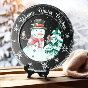 Snowman Primitive Decor Table Centerpiece Decorative Wood Plates for Display Autumn Thanksgiving Christmas Warm Winter Farmhouse Vintage Table Shelf Rustic Wooden Plate Home Decor Art