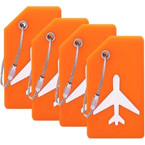 4 Pack Silicone Luggage Tags for Suitcases with Stainless Loop with Name ID Card Perfect to Quickly Spot Baggage Handbag Luggage Travel Suitcase (Orange)
