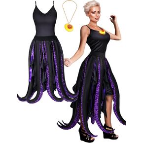 Ramede 2 PCS Women Octopus Costume Halloween Plus Size Black Tentacles Dress مع قلادة قذيفة خفيفة للبالغين