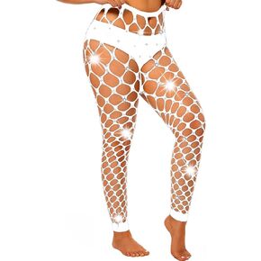 Women's High Waist Sparkle Rhinestone Tights Footless Fishnet Stockings Sexy Big Mesh Lingerie Pants