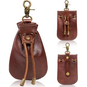 Small Vintage Medieval Drawstring Belt Pouch, FULL-GRAIN Leather, handmade, portable coin&dice purse with keychain. Unique design on the back, easily attached to your belt. Ren Faire costumes.